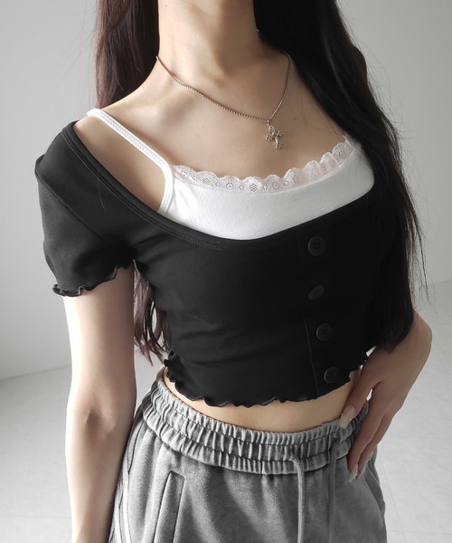 me+em select(ミームセレクト)の「※※【 2点セット 】レイヤードレースキャミソール + スクエアネックフロントボタンTシャツ SET(Tシャツ/カットソー・レディース・ブラック/グレー・FREE)」の20枚目の写真