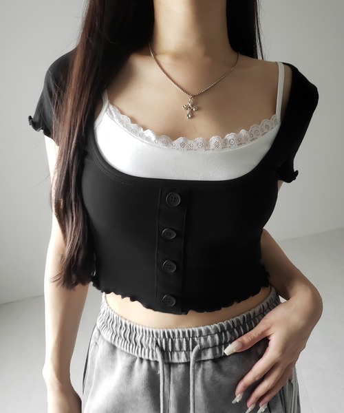me+em select(ミームセレクト)の「※※【 2点セット 】レイヤードレースキャミソール + スクエアネックフロントボタンTシャツ SET(Tシャツ/カットソー・レディース・ブラック/グレー・FREE)」の21枚目の写真