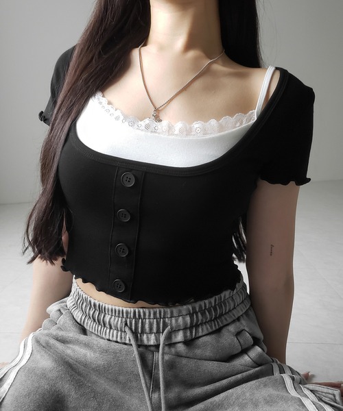 me+em select(ミームセレクト)の「※※【 2点セット 】レイヤードレースキャミソール + スクエアネックフロントボタンTシャツ SET(Tシャツ/カットソー・レディース・ブラック/グレー・FREE)」の22枚目の写真