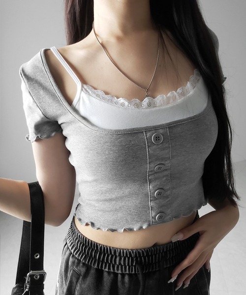 me+em select(ミームセレクト)の「※※【 2点セット 】レイヤードレースキャミソール + スクエアネックフロントボタンTシャツ SET(Tシャツ/カットソー・レディース・ブラック/グレー・FREE)」の9枚目の写真