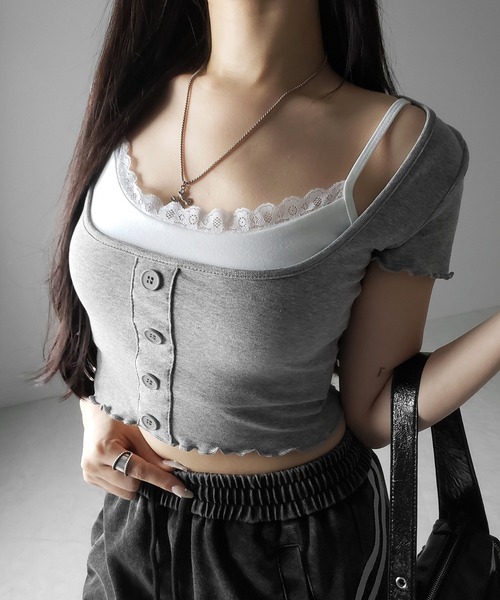 me+em select(ミームセレクト)の「※※【 2点セット 】レイヤードレースキャミソール + スクエアネックフロントボタンTシャツ SET(Tシャツ/カットソー・レディース・ブラック/グレー・FREE)」の10枚目の写真