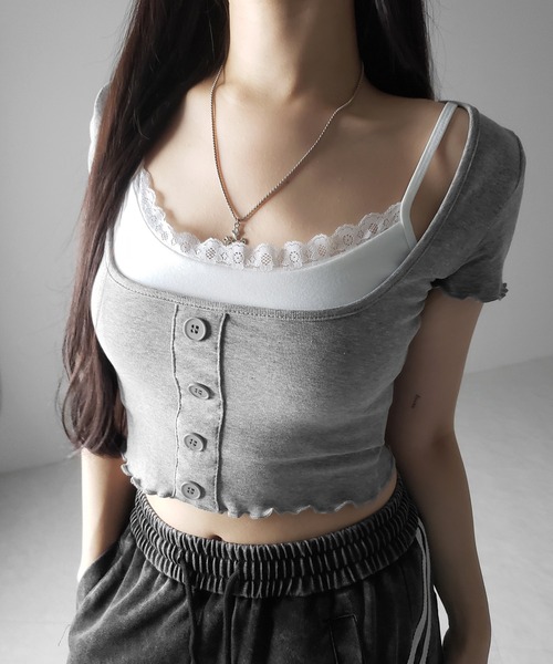 me+em select(ミームセレクト)の「※※【 2点セット 】レイヤードレースキャミソール + スクエアネックフロントボタンTシャツ SET(Tシャツ/カットソー・レディース・ブラック/グレー・FREE)」の12枚目の写真