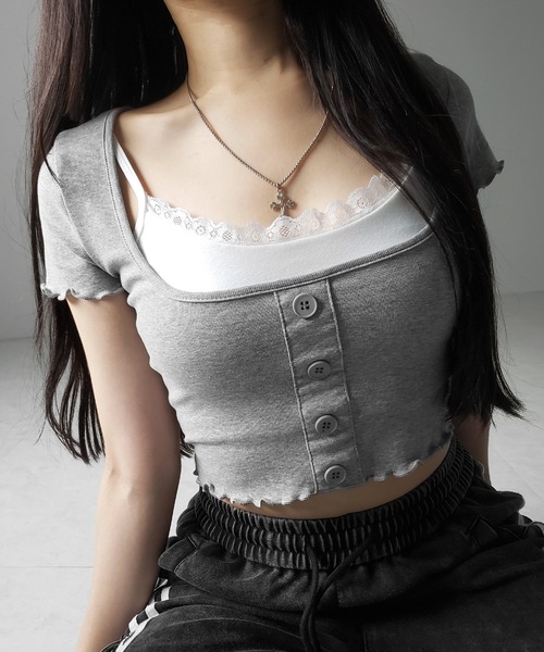 me+em select(ミームセレクト)の「※※【 2点セット 】レイヤードレースキャミソール + スクエアネックフロントボタンTシャツ SET(Tシャツ/カットソー・レディース・ブラック/グレー・FREE)」の13枚目の写真