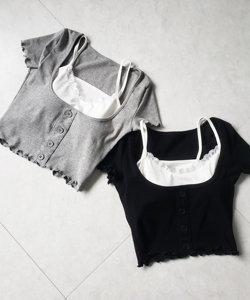 me+em select(ミームセレクト)の「※※【 2点セット 】レイヤードレースキャミソール + スクエアネックフロントボタンTシャツ SET(Tシャツ/カットソー・レディース・ブラック/グレー・FREE)」の6枚目の写真