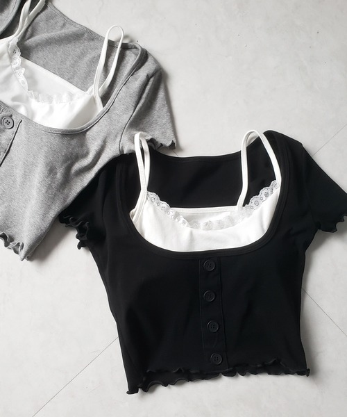 me+em select(ミームセレクト)の「※※【 2点セット 】レイヤードレースキャミソール + スクエアネックフロントボタンTシャツ SET(Tシャツ/カットソー・レディース・ブラック/グレー・FREE)」の4枚目の写真