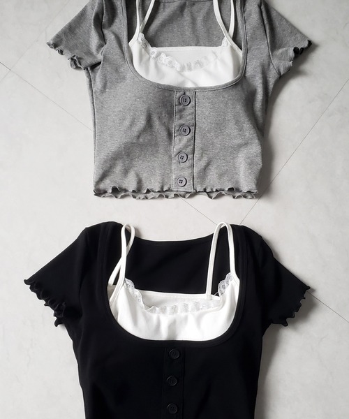 me+em select(ミームセレクト)の「※※【 2点セット 】レイヤードレースキャミソール + スクエアネックフロントボタンTシャツ SET(Tシャツ/カットソー・レディース・ブラック/グレー・FREE)」の5枚目の写真