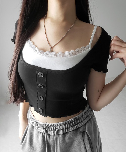me+em select(ミームセレクト)の「※※【 2点セット 】レイヤードレースキャミソール + スクエアネックフロントボタンTシャツ SET(Tシャツ/カットソー・レディース・ブラック/グレー・FREE)」の19枚目の写真