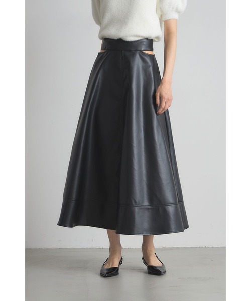 セール】ハイウエストフェイクレザーフレアスカート（スカート