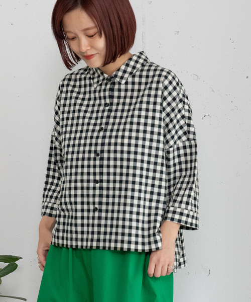 POU DOU DOU(プードゥドゥ)の「ギンガムチェック6分袖シャツ(シャツ/ブラウス・レディース・ブラック/グリーン・M)」の15枚目の写真