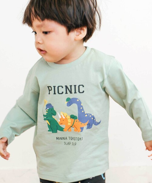 SLAP SLIP(スラップスリップ)の「【スララク/防汚加工/オーガニックコットン】わくわく男の子長袖Tシャツ(80~130cm)(Tシャツ/カットソー・キッズ・ホワイト/ベージュ/ネイビー/グレー/グリーン/ホワイト系その他/ブラック系その他/ブルー系その他2・80cm/90cm/110cm/100cm/120cm/130cm)」の1枚目の写真