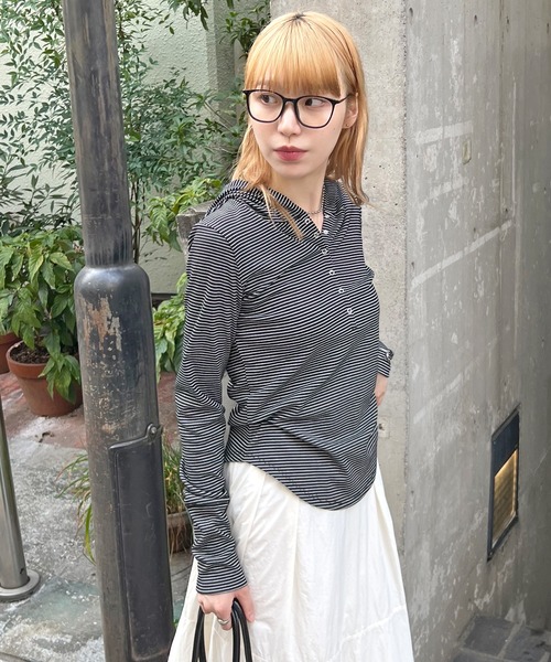 ABYS（アビス）の「ボーダーフーディーロンT（Tシャツ/カットソー・レディース・ホワイト/ブラック/チャコールグレー・FREE）」の9枚目の写真