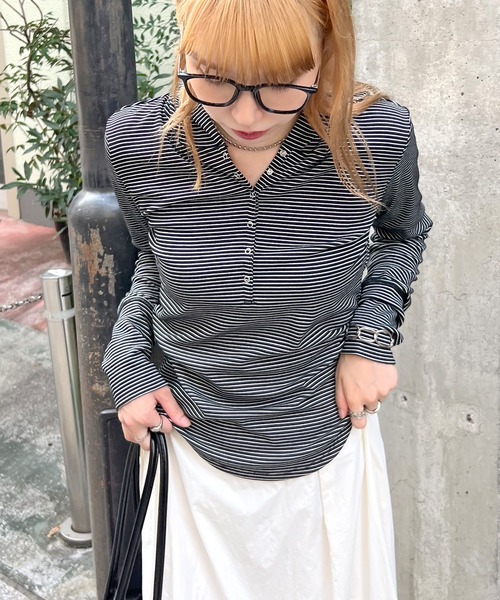 ABYS（アビス）の「ボーダーフーディーロンT（Tシャツ/カットソー・レディース・ホワイト/ブラック/チャコールグレー・FREE）」の11枚目の写真