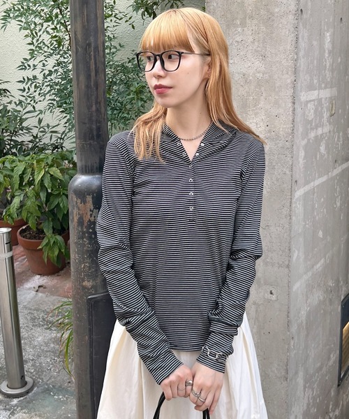 ABYS（アビス）の「ボーダーフーディーロンT（Tシャツ/カットソー・レディース・ホワイト/ブラック/チャコールグレー・FREE）」の13枚目の写真