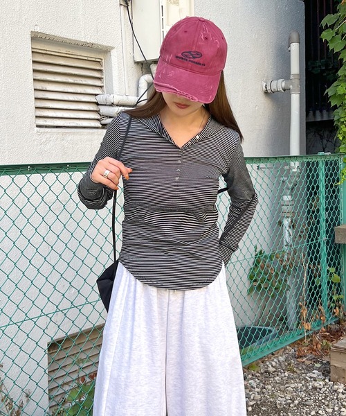 ABYS（アビス）の「ボーダーフーディーロンT（Tシャツ/カットソー・レディース・ホワイト/ブラック/チャコールグレー・FREE）」の5枚目の写真