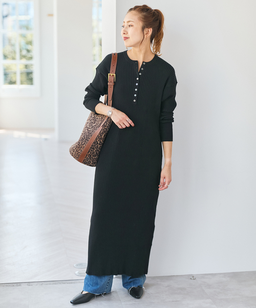 手洗い可 / 追加》ヘンリーネックリブニットワンピース（ワンピース