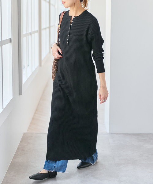 HENRIK ワンピース 追加》手洗い可 / ヘンリーネックリブニットワンピース