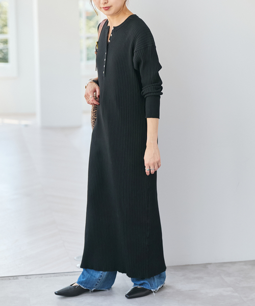 手洗い可 / 追加》ヘンリーネックリブニットワンピース（ワンピース