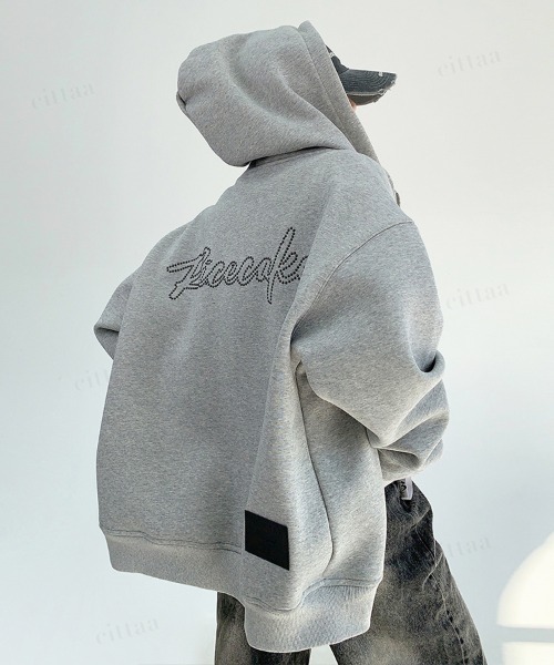 韓国ファッション Ricecakeビーズスタッズロゴジップアップスウェット