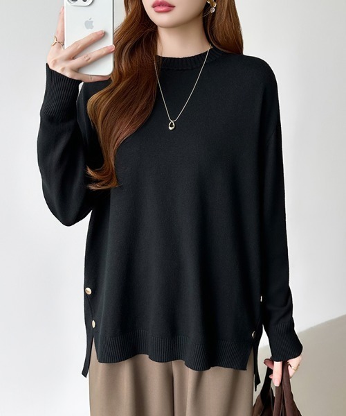 COCOMOMO(ココモモ)の「ロングスリットニット クルーネック ニット バックロング スリット ニット 秋服 冬服(ニット/セーター・レディース・ブラック/ブルーグレー/グレー/ホワイト/ブラウン/ベージュ・FREE)」の12枚目の写真