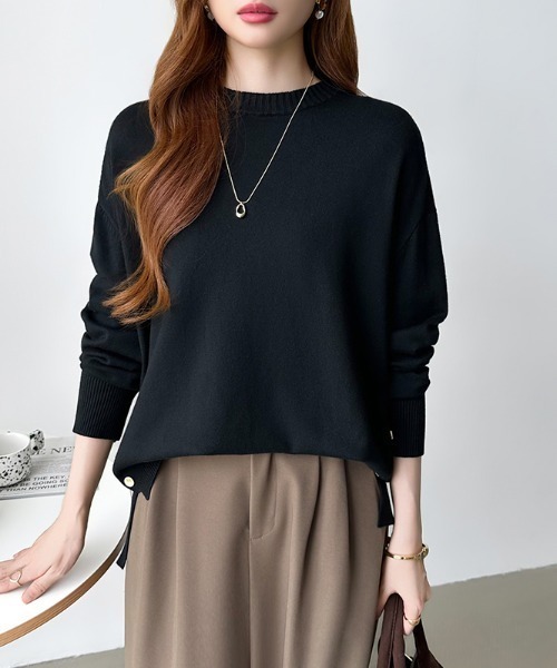 COCOMOMO(ココモモ)の「ロングスリットニット クルーネック ニット バックロング スリット ニット 秋服 冬服(ニット/セーター・レディース・ブラック/ブルーグレー/グレー/ホワイト/ブラウン/ベージュ・FREE)」の14枚目の写真
