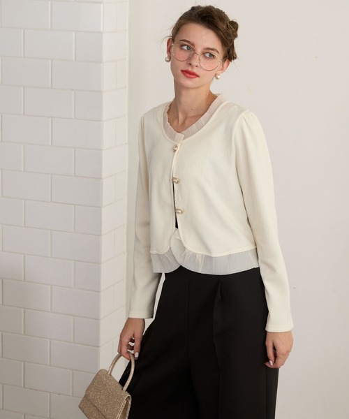 BONLECILL noir（ボンルシールノワール）の「【BONLECILL noir】フリルドッキングゴールドボタンコンパクトカーディガン（カーディガン/ボレロ・レディース・ブラウン/アイボリー/ブラック・FREE）」の21枚目の写真