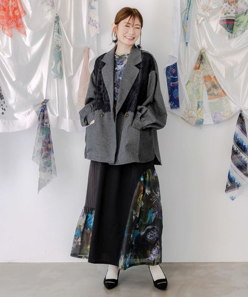 ScoLar（スカラー）の「ScoLar(スカラー) アート花柄チュールロンT（Tシャツ/カットソー・レディース・ブラック・MEDIUM）」の5枚目の写真