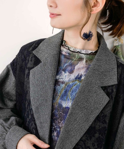 ScoLar（スカラー）の「ScoLar(スカラー) アート花柄チュールロンT（Tシャツ/カットソー・レディース・ブラック・MEDIUM）」の6枚目の写真