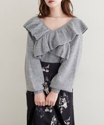 フリル付きグレー系ニットトップス フリル付きグレー系ニットトップス フリル付きグレー系ニット