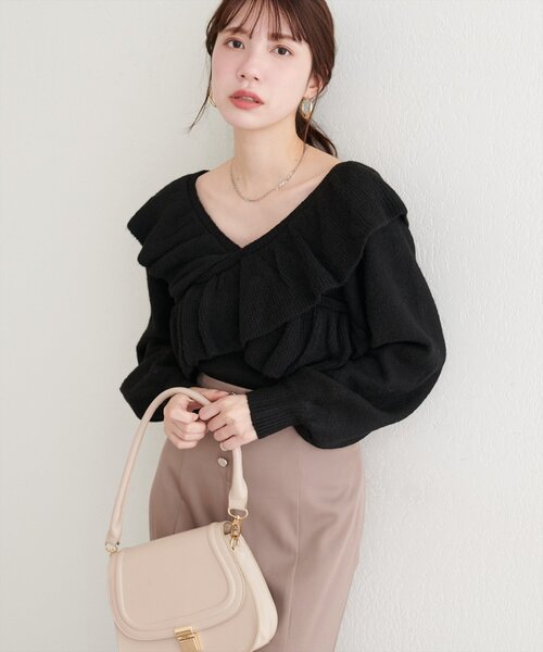 natural couture（ナチュラルクチュール）の「【WEB限定】クロスフリルニット（ニット/セーター・レディース・ブラック/アイボリー/ピンク/チャコールグレー・FREE）」の15枚目の写真