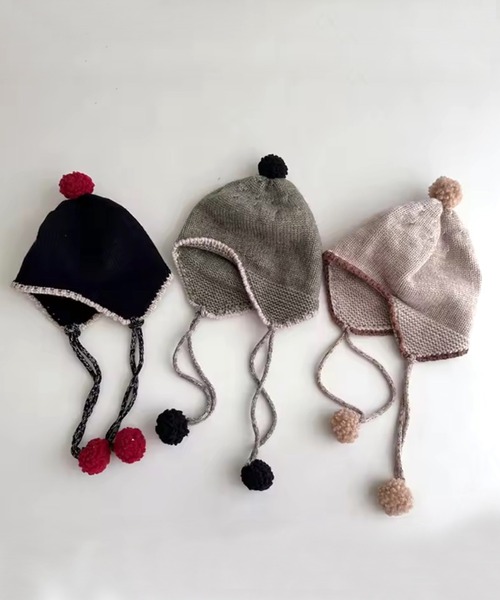 Bambin(ボンバン)の「【 Bambin / ボンバン 】 ポンポン イヤー フラップ ニットキャップ(ニットキャップ/ビーニー・キッズ・ブラック/ベージュ/ブラウン/モスグリーン・FREE)」の13枚目の写真