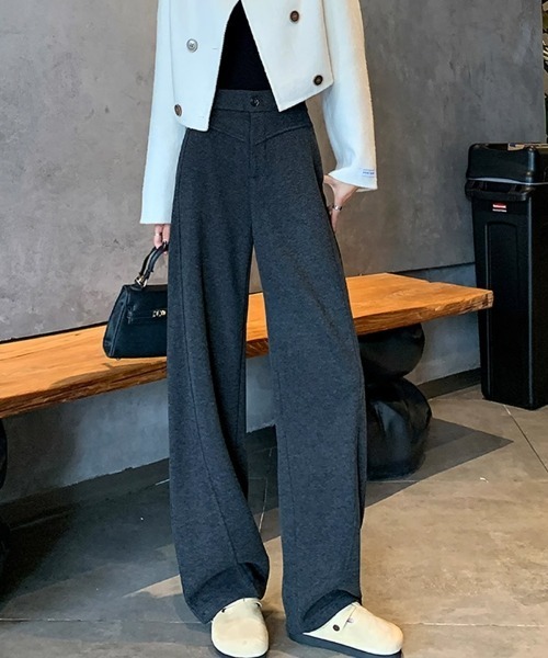 HANDO(ハンド)の「ウールタッチワイドパンツ(スラックス・レディース・アイボリー/チャコール・フリー)」の2枚目の写真