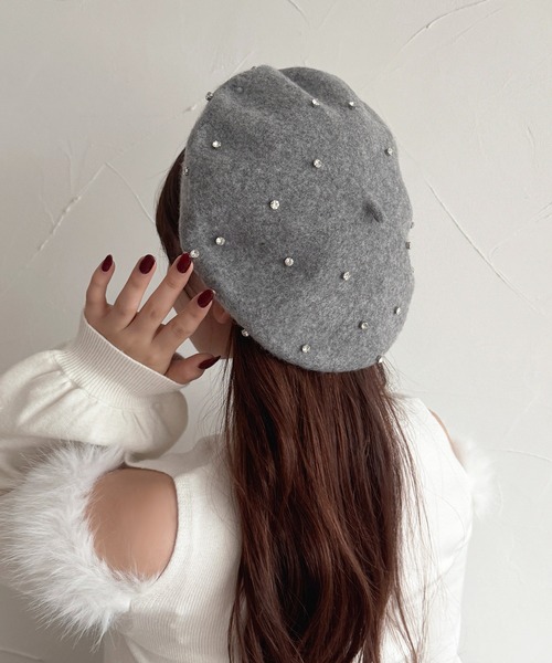 超美品　黒　ウール100% ベレー帽 ビジュー付き apres jour×ARIAZ】ビジュー付きベレー帽（ハンチング/ベレー帽