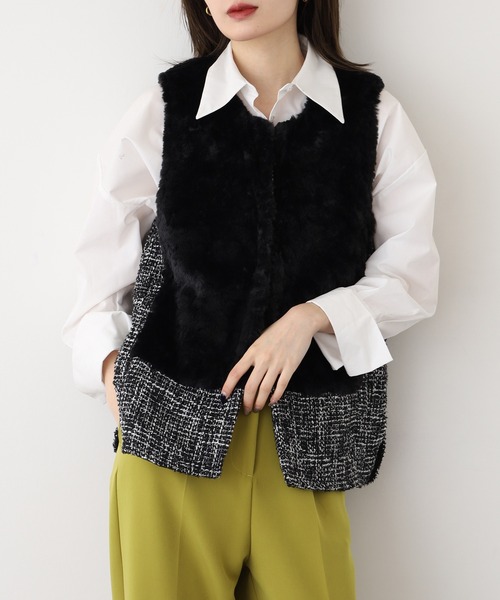 Anna Nicola（アンナニコラ）の「Anna Nicola ツイード×ボアベスト（ベスト・レディース・ブラック/ベージュ・38）」の2枚目の写真