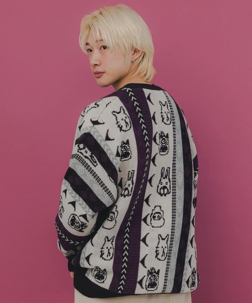 ScoLar Parity（スカラーパリティ）の「353127：落書き調Parityキャラジャガード3Dニットカーディガン（カーディガン/ボレロ・レディース・パープル/ブラック・M）」の14枚目の写真