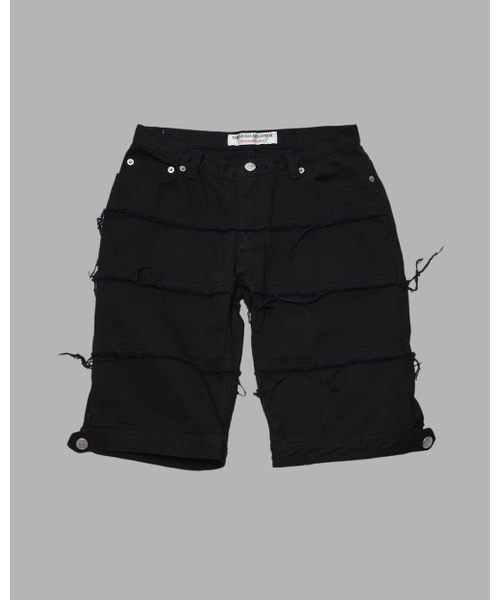 LINE DAMAGED DENIM SHORTS (BLACK)