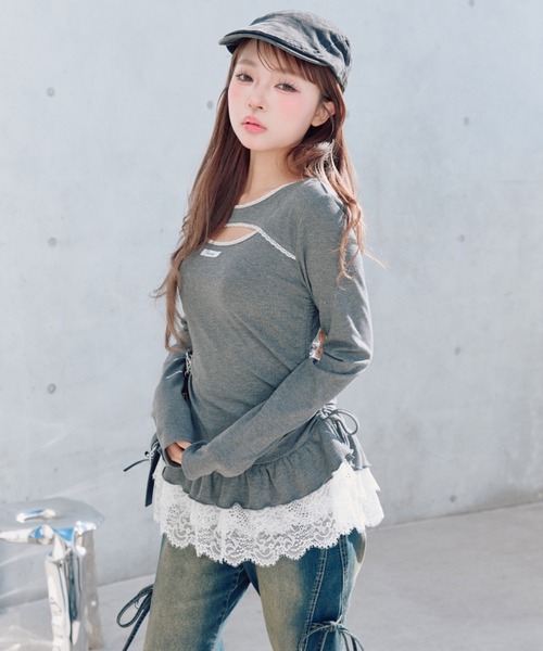 OLIVE des OLIVE（オリーブデオリーブ）の「レースティアードチュニック（Tシャツ/カットソー・レディース・ピンク/チャコールグレー/ブラック/その他・FREE）」の3枚目の写真