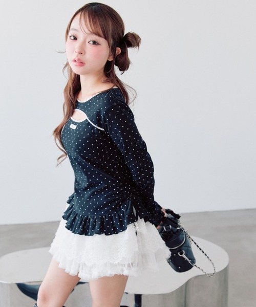 OLIVE des OLIVE（オリーブデオリーブ）の「レースティアードチュニック（Tシャツ/カットソー・レディース・ピンク/チャコールグレー/ブラック/その他・FREE）」の2枚目の写真