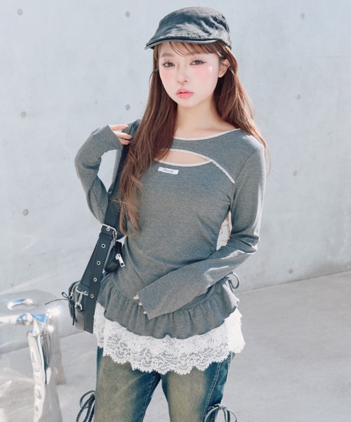 OLIVE des OLIVE（オリーブデオリーブ）の「レースティアードチュニック（Tシャツ/カットソー・レディース・ピンク/チャコールグレー/ブラック/その他・FREE）」の10枚目の写真