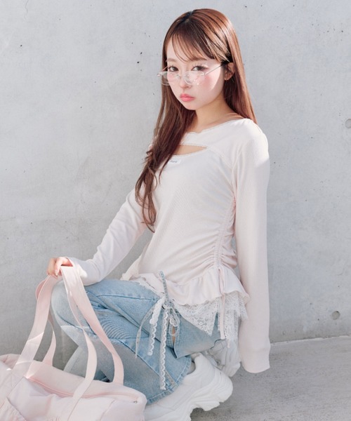 OLIVE des OLIVE（オリーブデオリーブ）の「レースティアードチュニック（Tシャツ/カットソー・レディース・ピンク/チャコールグレー/ブラック/その他・FREE）」の15枚目の写真