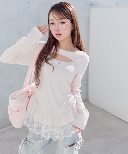 OLIVE des OLIVE（オリーブデオリーブ）の「レースティアードチュニック（Tシャツ/カットソー・レディース・ピンク/チャコールグレー/ブラック/その他・FREE）」の12枚目の写真