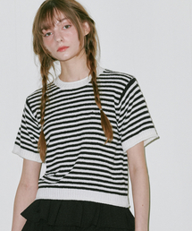 BELLOL（ベロエル）の「ラウンドストライプハーフスリーブニットブラック（Tシャツ/カットソー）」
