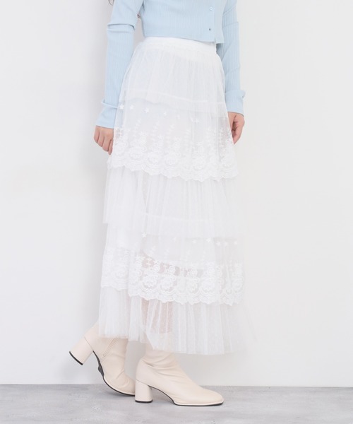 Nohea(ノヘア)の「nohea 5段刺繍チュールスカート(スカート・レディース・アイボリー/ブラック/オフホワイト・M)」の6枚目の写真