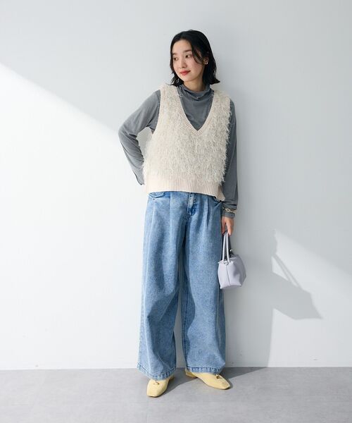 Green Parks(グリーンパークス)の「デニムタックワイドパンツ(デニムパンツ・レディース・ブラック/ライトインディゴブルー・M/L)」の13枚目の写真