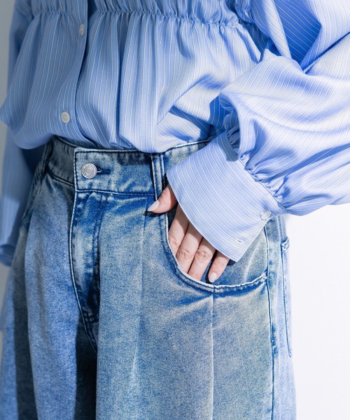 Green　Parks（グリーンパークス）の「デニムタックワイドパンツ（デニムパンツ・レディース・ブラック/ライトインディゴブルー・M/L）」の8枚目の写真