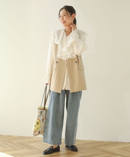 Green　Parks（グリーンパークス）の「デニムタックワイドパンツ（デニムパンツ・レディース・ブラック/ライトインディゴブルー・M/L）」の13枚目の写真