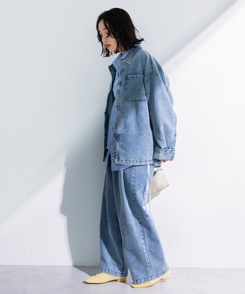 Green　Parks（グリーンパークス）の「デニムタックワイドパンツ（デニムパンツ・レディース・ブラック/ライトインディゴブルー・M/L）」の5枚目の写真