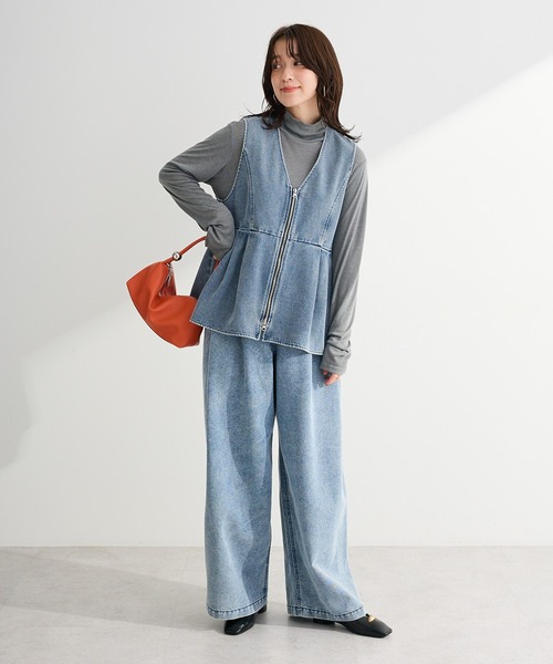 Green　Parks（グリーンパークス）の「デニムタックワイドパンツ（デニムパンツ・レディース・ブラック/ライトインディゴブルー・M/L）」の10枚目の写真