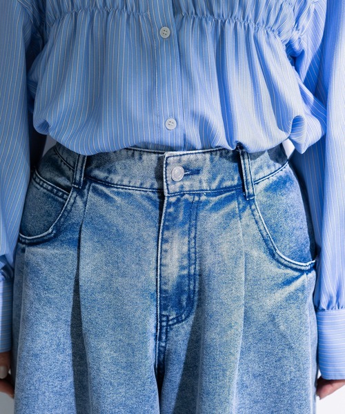 Green　Parks（グリーンパークス）の「デニムタックワイドパンツ（デニムパンツ・レディース・ブラック/ライトインディゴブルー・M/L）」の7枚目の写真