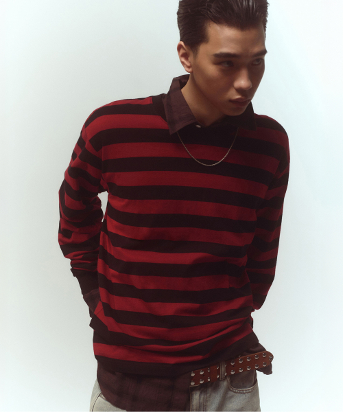 MUSINSA STANDARD（ムシンサスタンダード）の「ボールドストライプ長袖Tシャツ[ブラック/レッド]（Tシャツ/カットソー・メンズ・その他・SMALL/MEDIUM/LARGE/X-LARGE/2XL）」の3枚目の写真