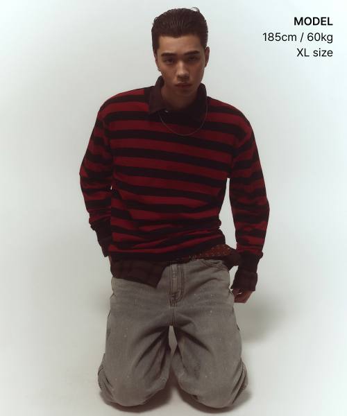 MUSINSA STANDARD（ムシンサスタンダード）の「ボールドストライプ長袖Tシャツ[ブラック/レッド]（Tシャツ/カットソー・メンズ・その他・SMALL/MEDIUM/LARGE/X-LARGE/2XL）」の4枚目の写真